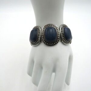 Silver Tone Blue Stone Stretch Bracelet Boho Statement Oval Beaded Womens